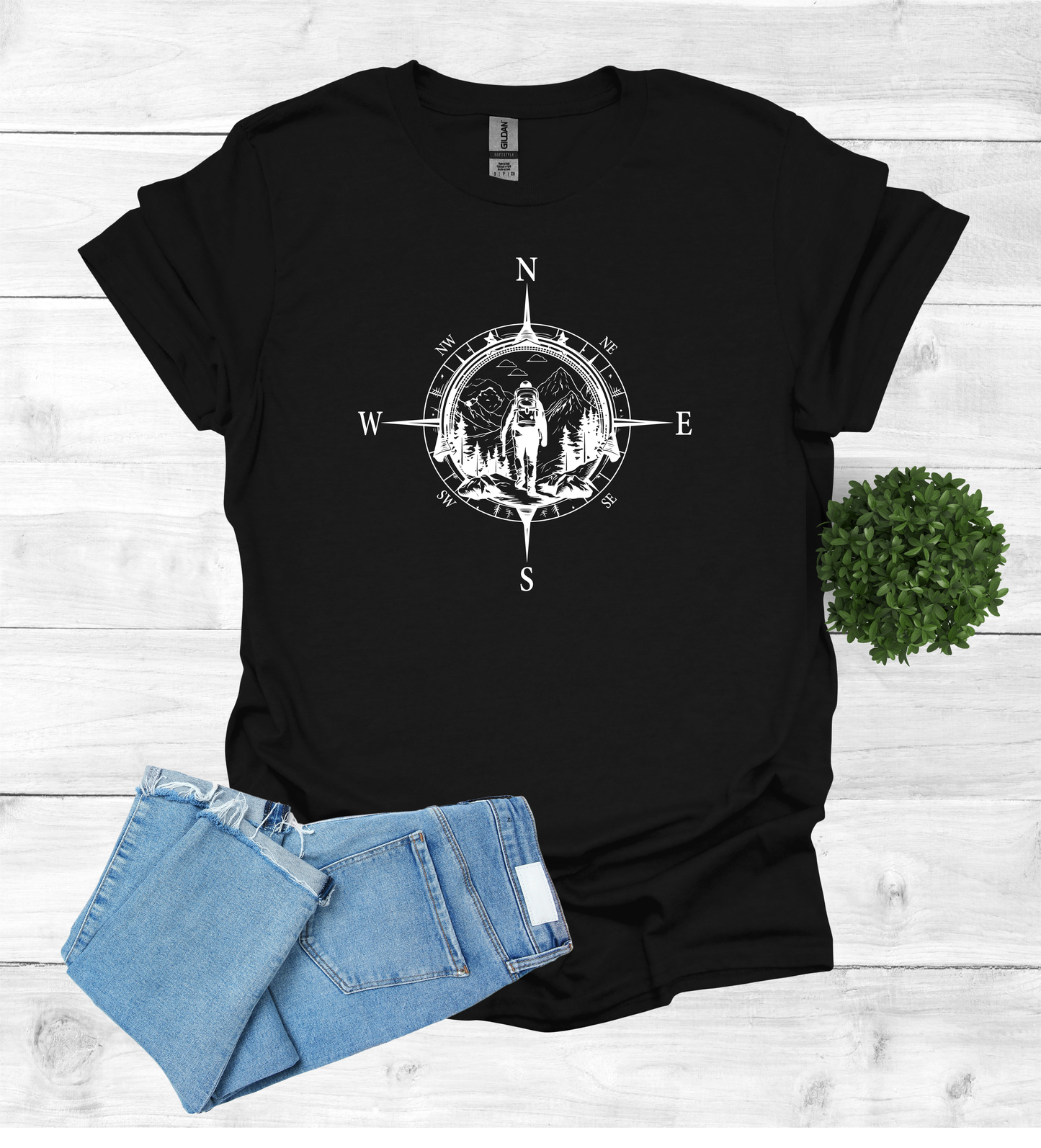 Hiker walking in wilderness with a compass scene