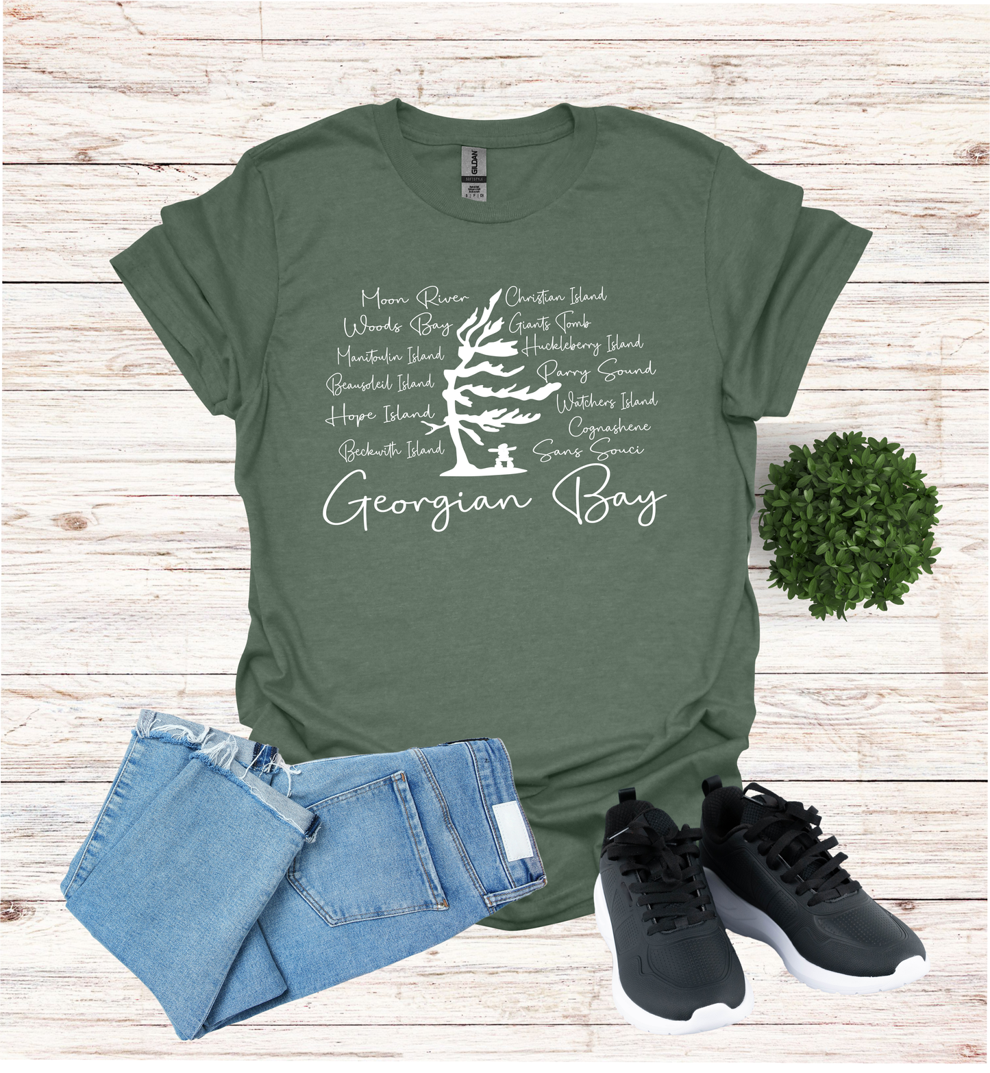 Georgian Bay with wind swept pine tree with Island and Bay names