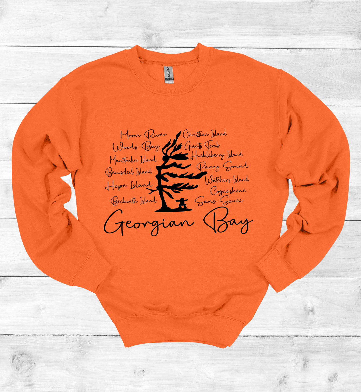 Georgian Bay Wind Swept Pine Tree with Island names Sweatshirt