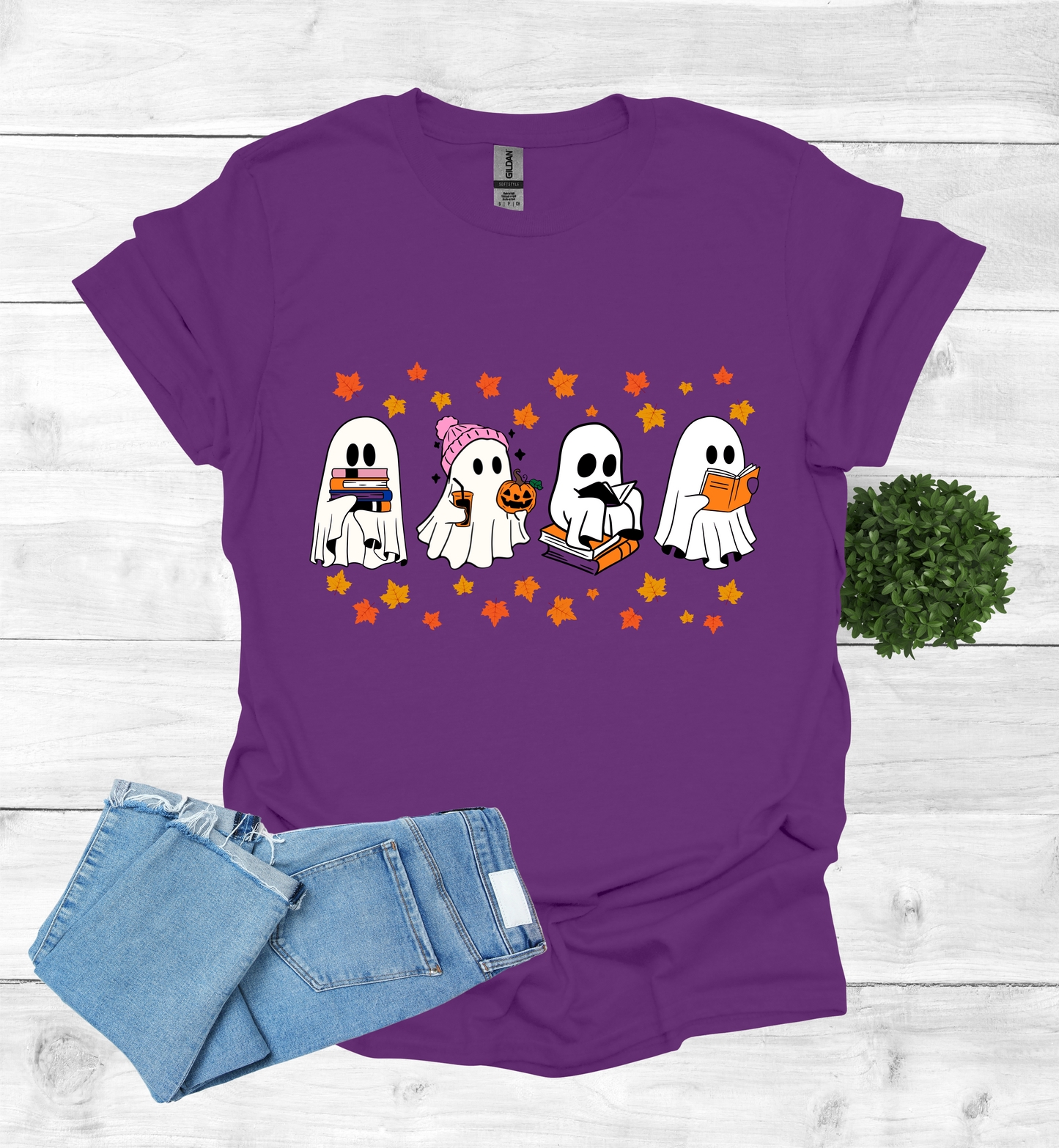 Ghost Reading Books and Falling Leaves Shirt