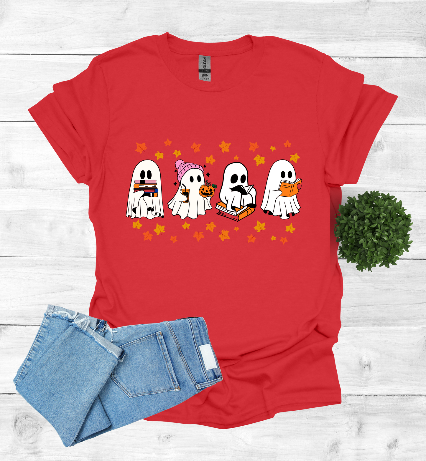 Ghost Reading Books and Falling Leaves Shirt
