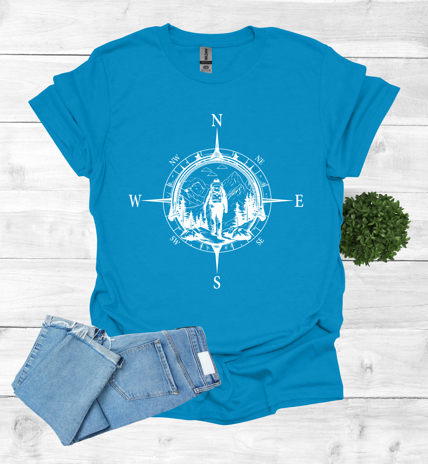 Hiker walking in wilderness compass scene