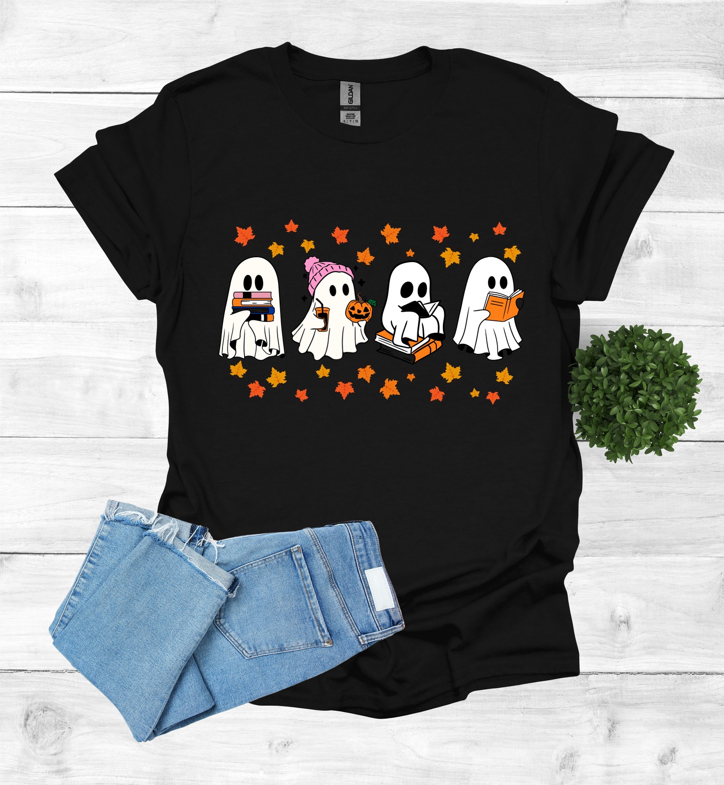 Ghost Reading Books and Falling Leaves Shirt