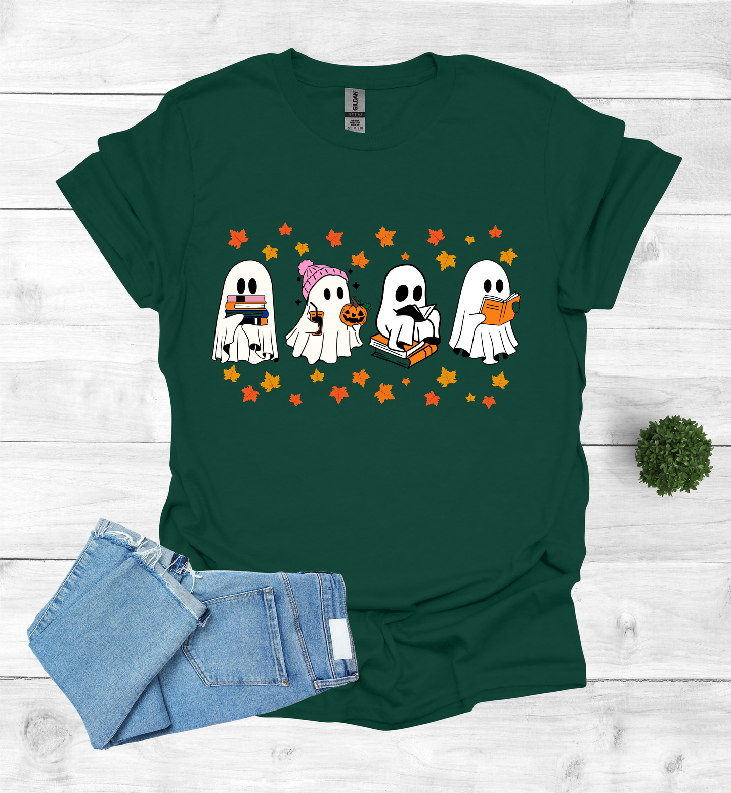Ghost Reading Books and Falling Leaves Shirt