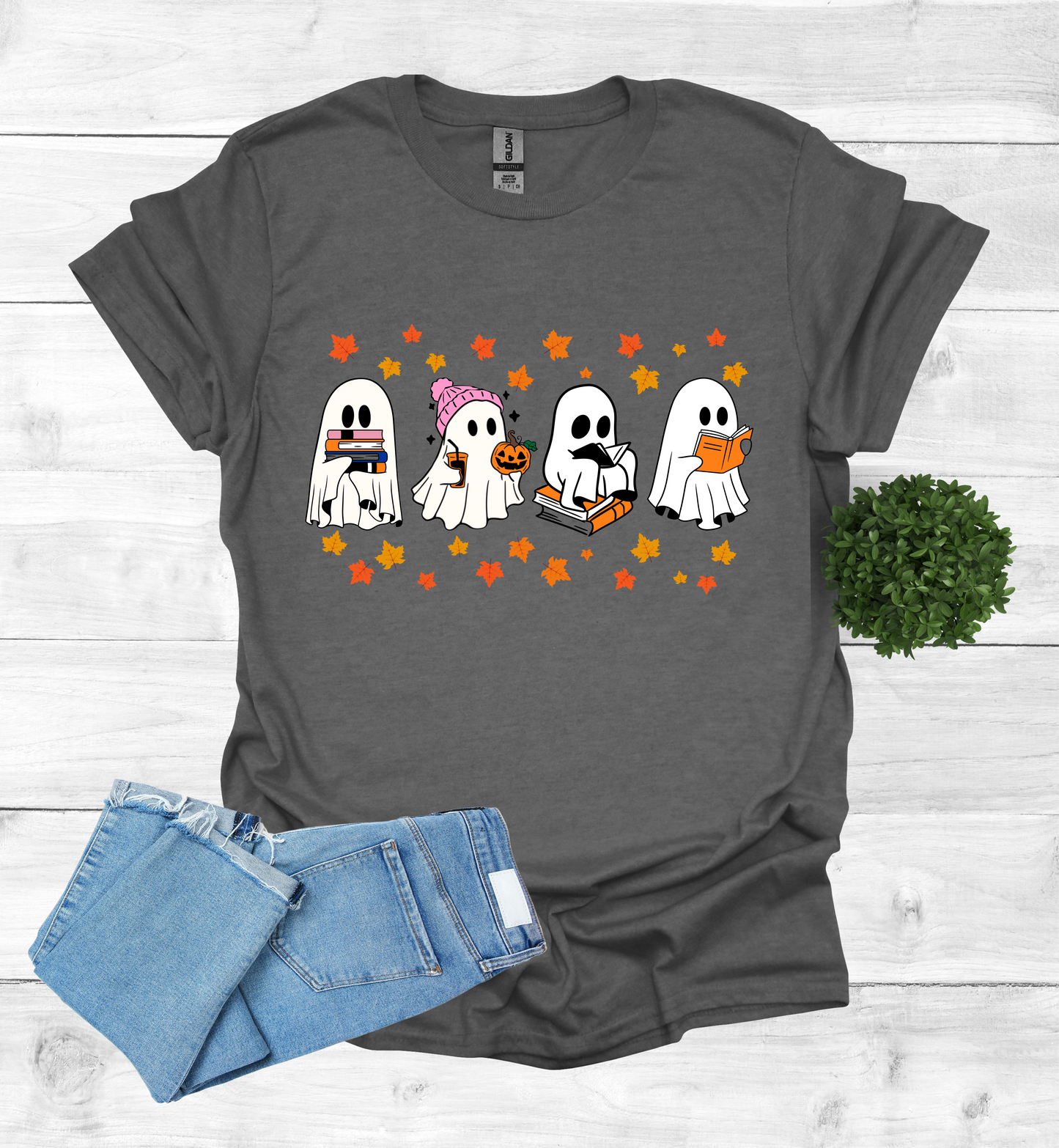 Ghost Reading Books and Falling Leaves Shirt