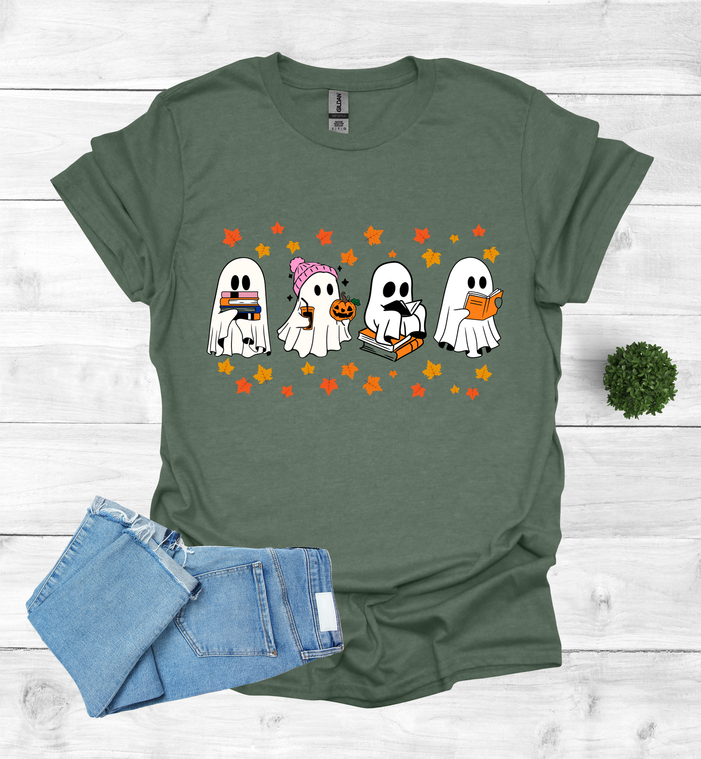 Ghost Reading Books and Falling Leaves Shirt