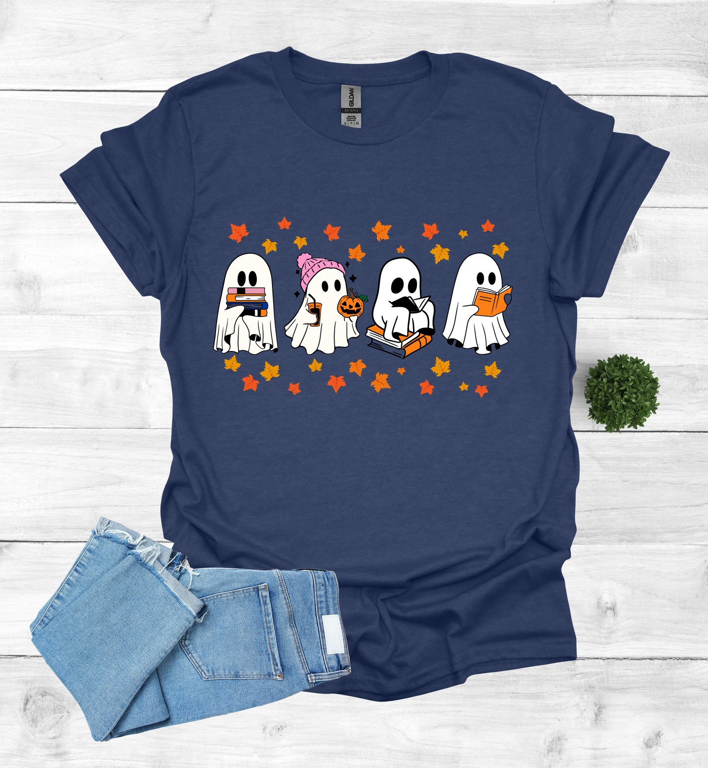 Ghost Reading Books and Falling Leaves Shirt