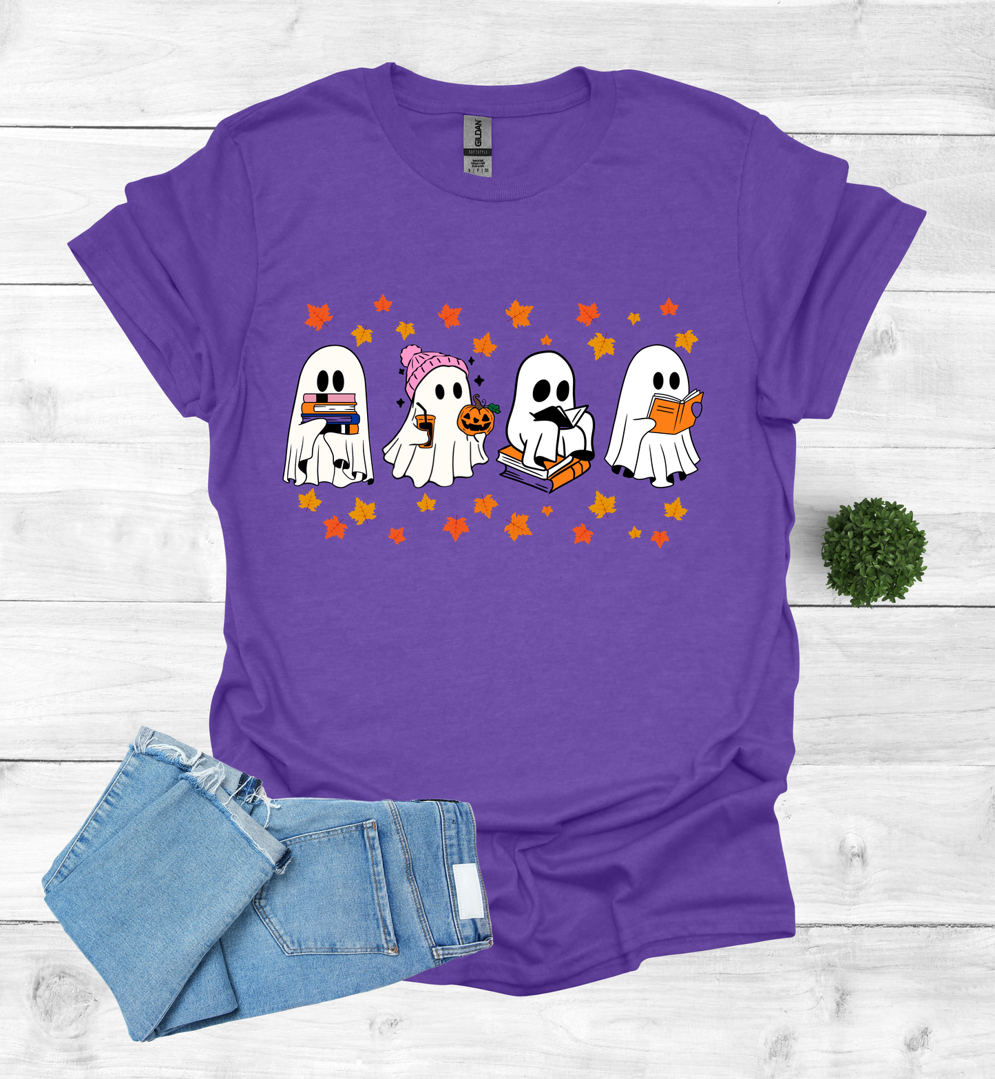 Ghost Reading Books and Falling Leaves Shirt