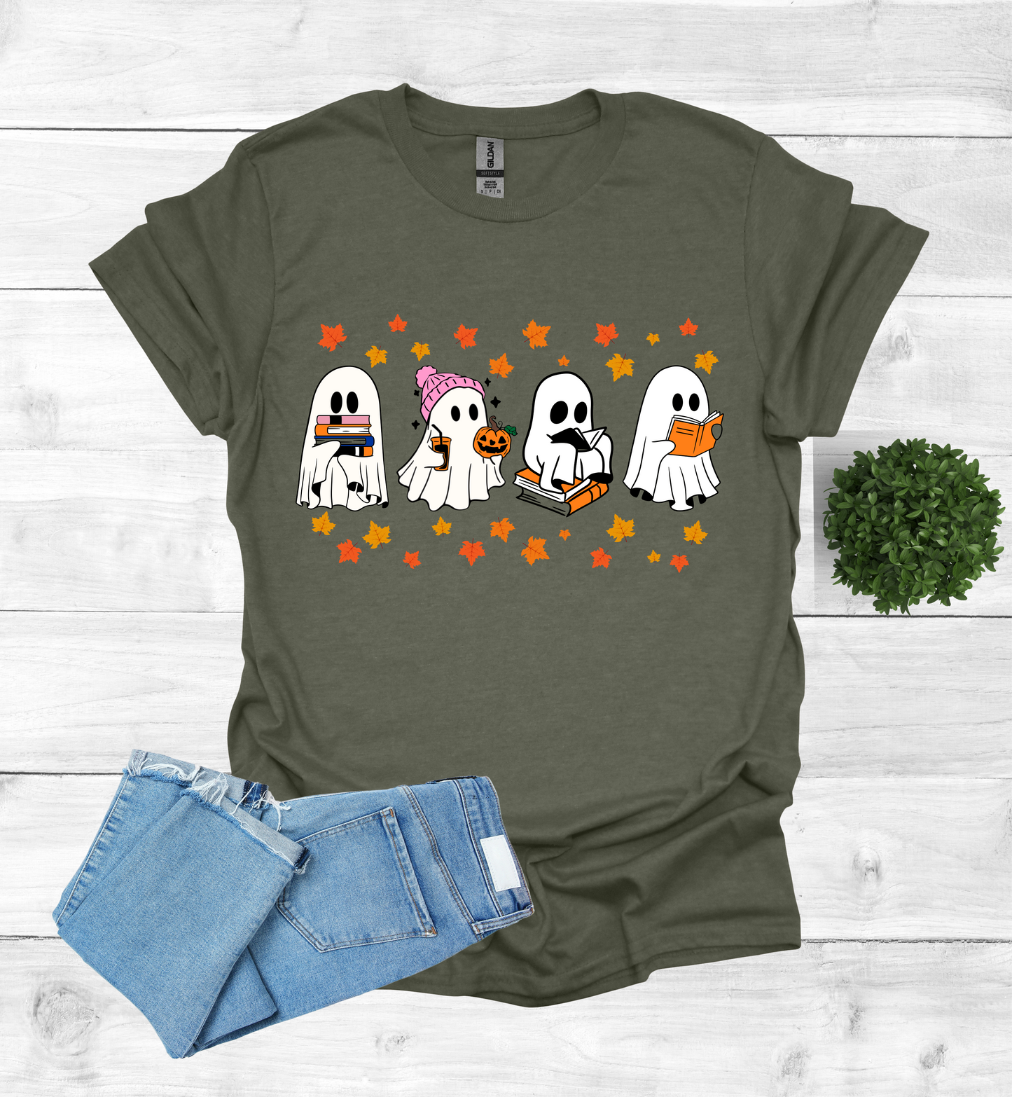 Ghost Reading Books and Falling Leaves Shirt