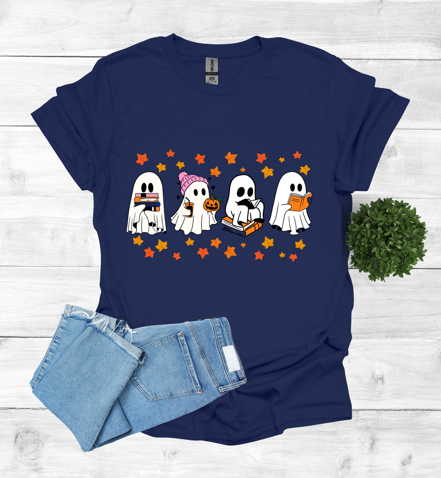 Ghost Reading Books and Falling Leaves Shirt