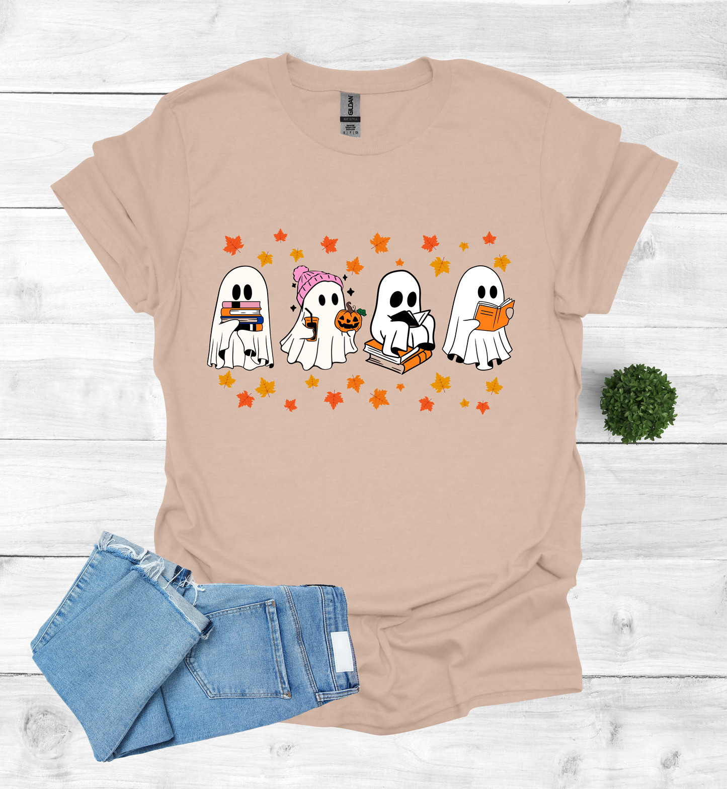 Ghost Reading Books and Falling Leaves Shirt