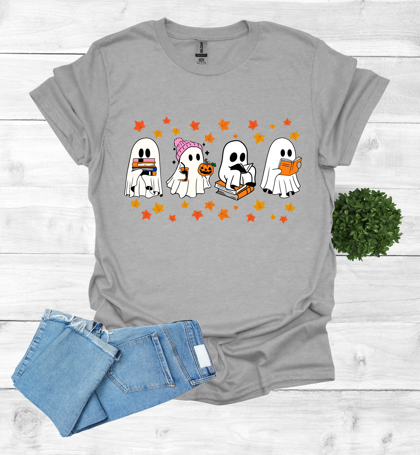 Ghost Reading Books and Falling Leaves Shirt