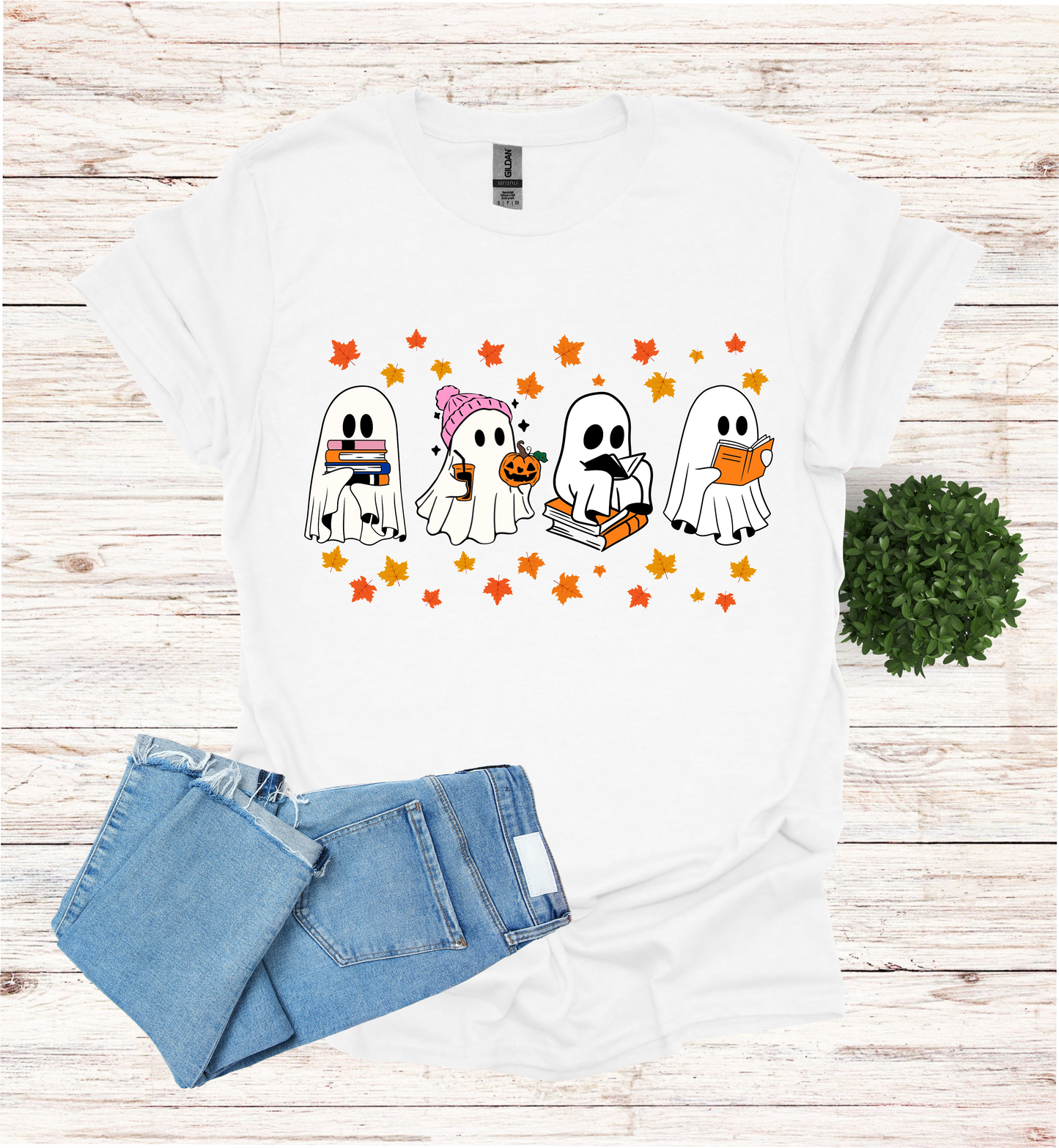Ghost Reading Books and Falling Leaves Shirt