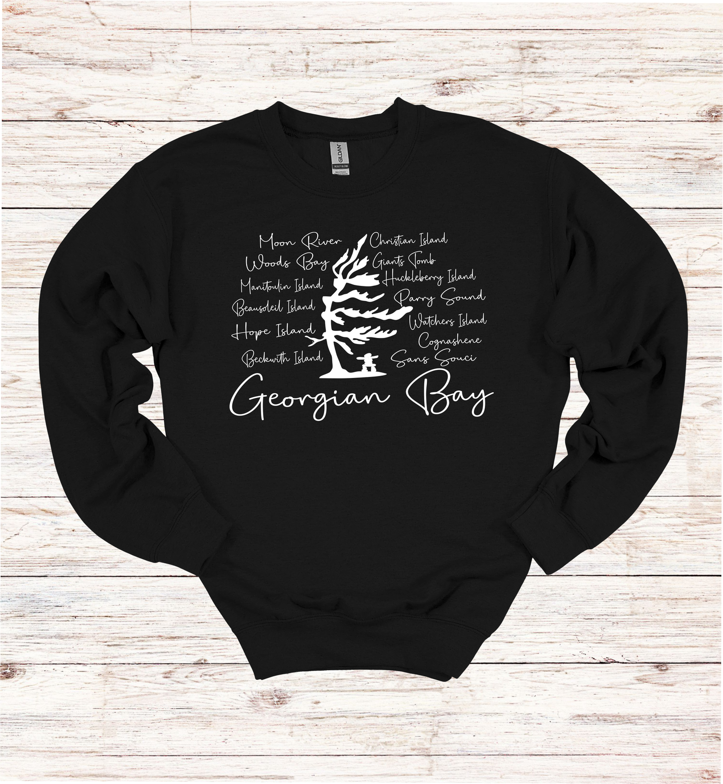 Georgian Bay Wind Swept Pine Tree with Island names Sweatshirt