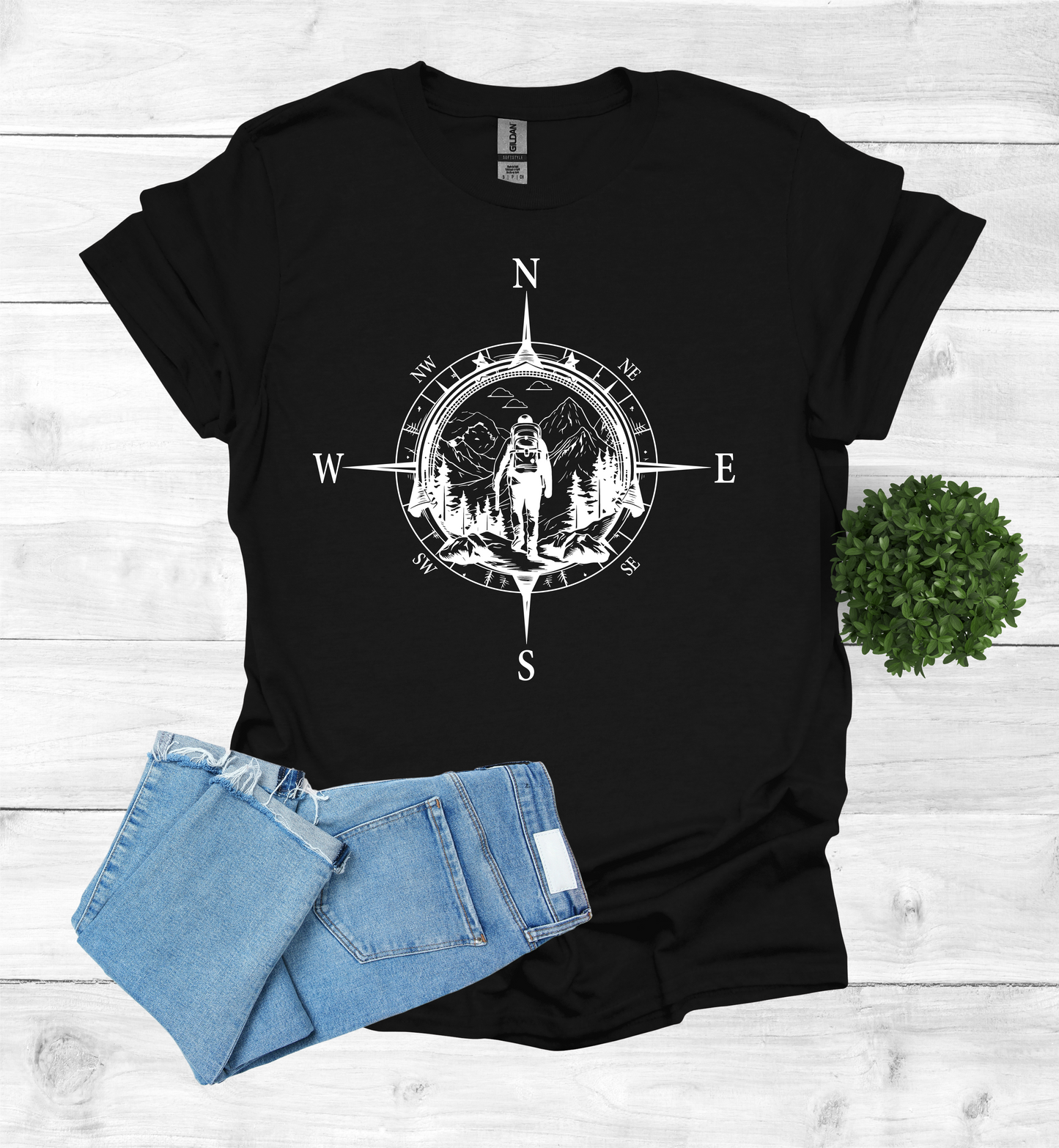 Hiker walking in wilderness compass scene