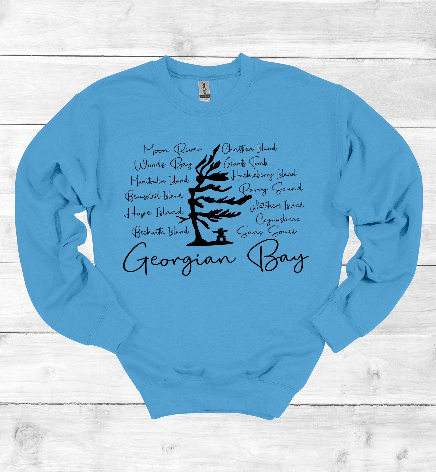 Georgian Bay Wind Swept Pine Tree with Island names Sweatshirt
