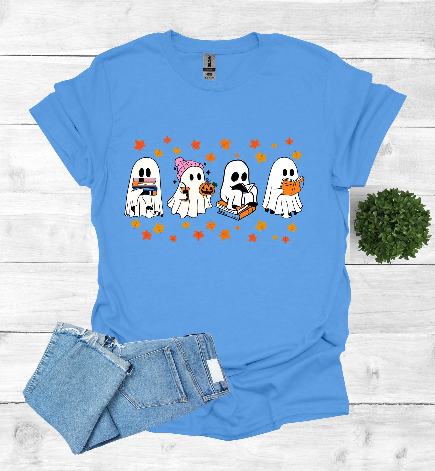 Ghost Reading Books and Falling Leaves Shirt