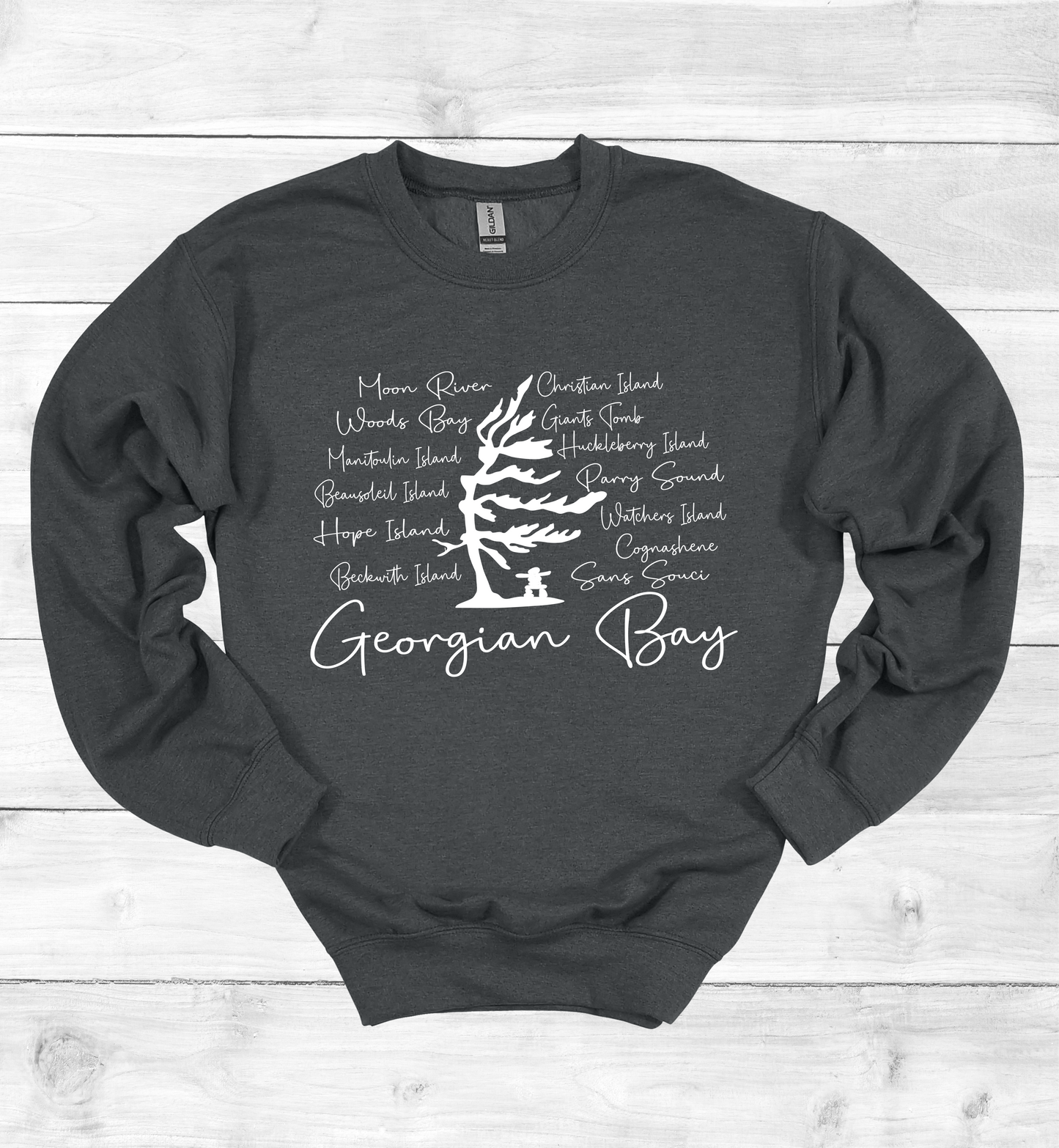 Georgian Bay Wind Swept Pine Tree with Island names Sweatshirt