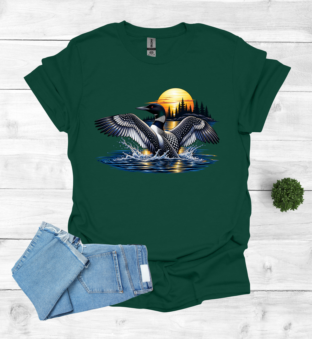 Loon flutters wings on the water