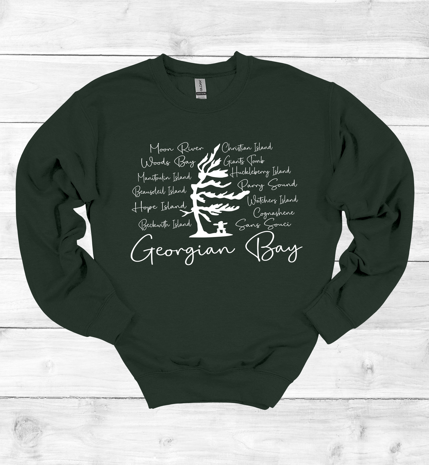 Georgian Bay Wind Swept Pine Tree with Island names Sweatshirt