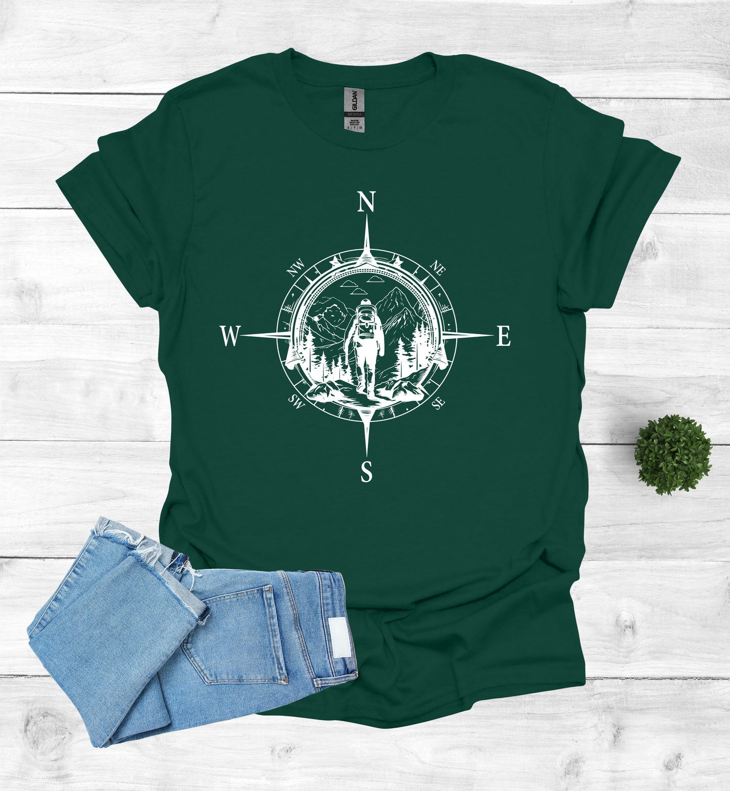 Hiker walking in wilderness compass scene