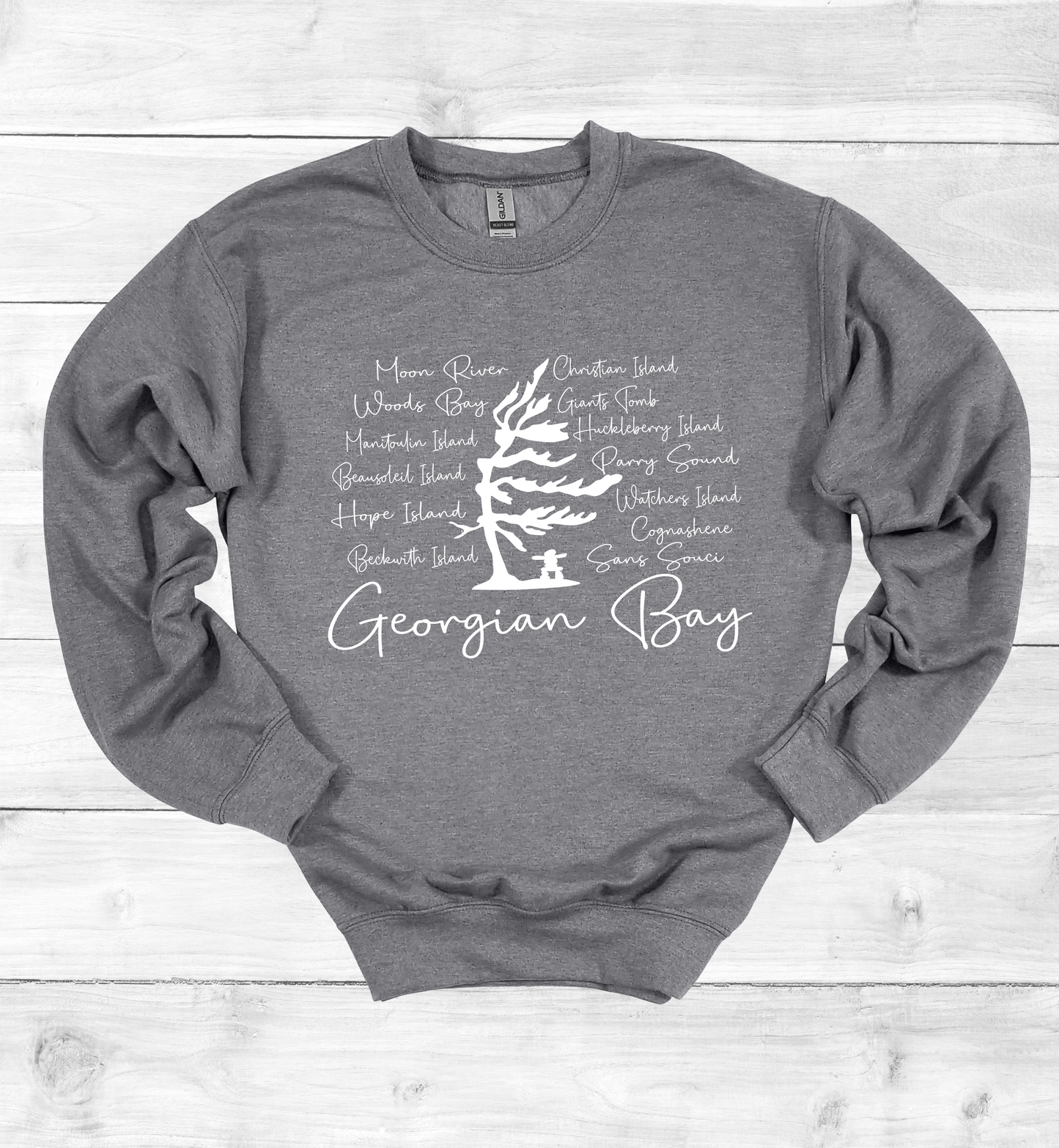 Georgian Bay Wind Swept Pine Tree with Island names Sweatshirt