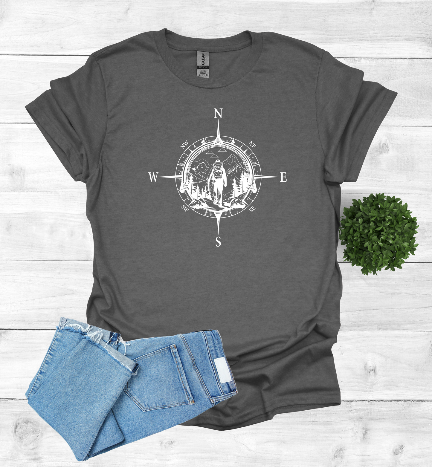 Hiker walking in wilderness with a compass scene