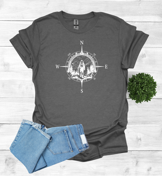 Hiker walking in wilderness with a compass scene