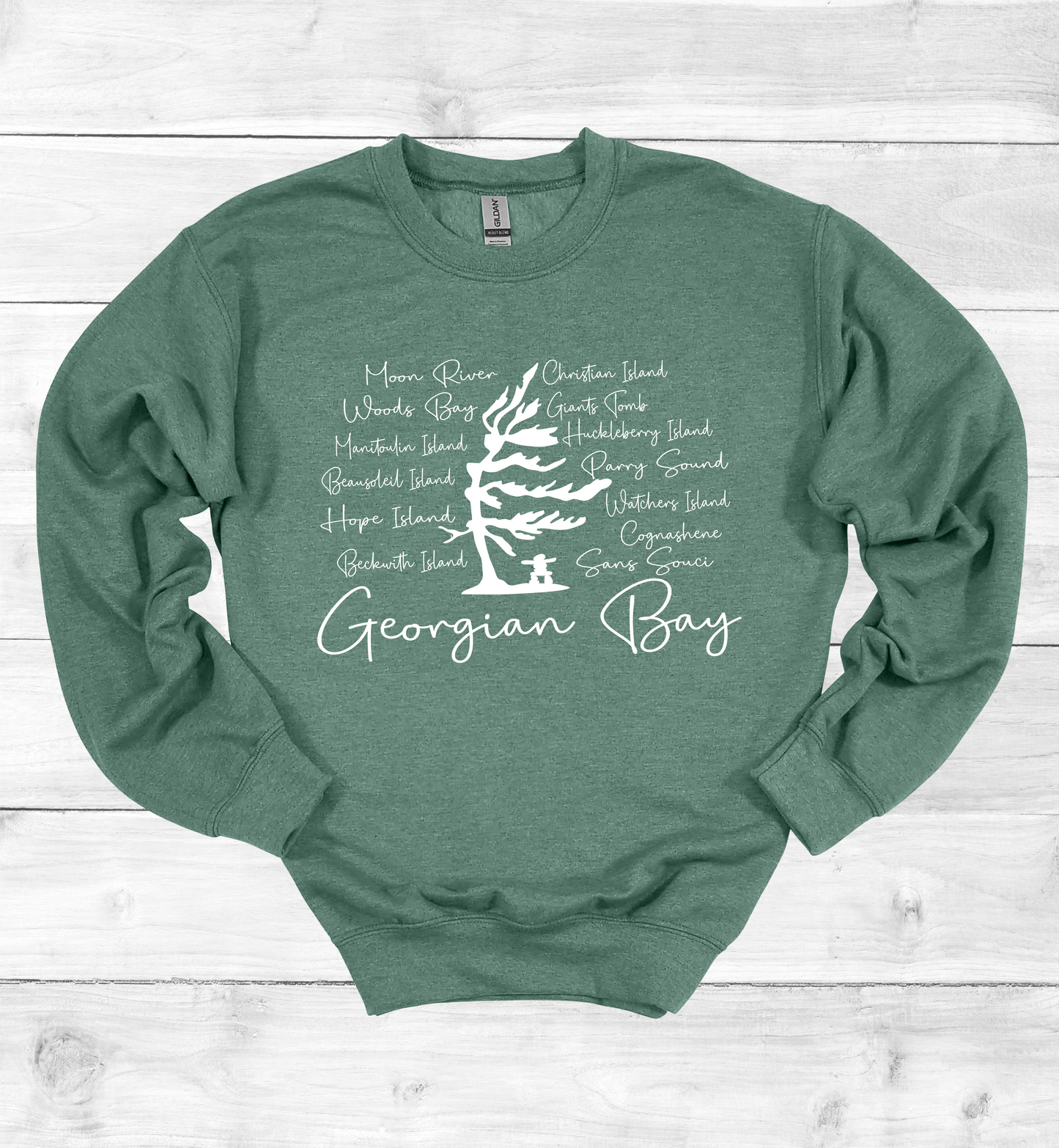 Georgian Bay Wind Swept Pine Tree with Island names Sweatshirt