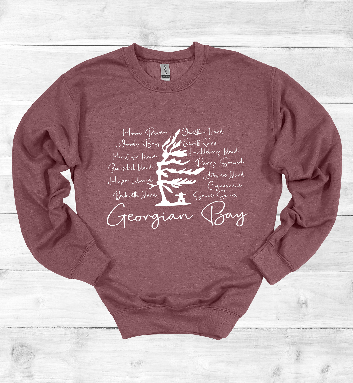 Georgian Bay Wind Swept Pine Tree with Island names Sweatshirt