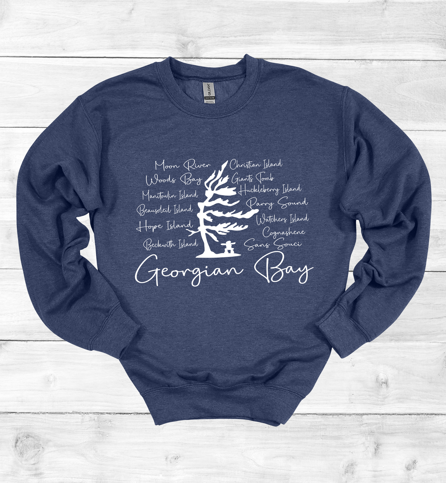Georgian Bay Wind Swept Pine Tree with Island names Sweatshirt