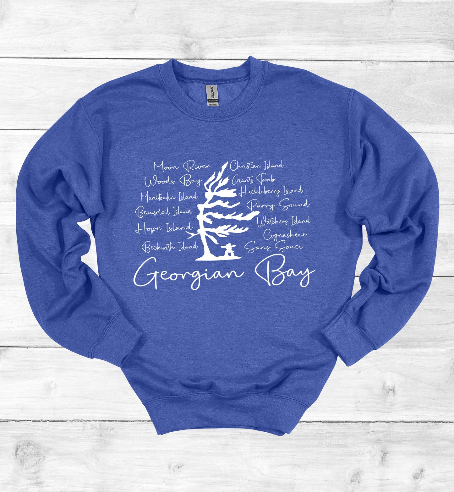Georgian Bay Wind Swept Pine Tree with Island names Sweatshirt