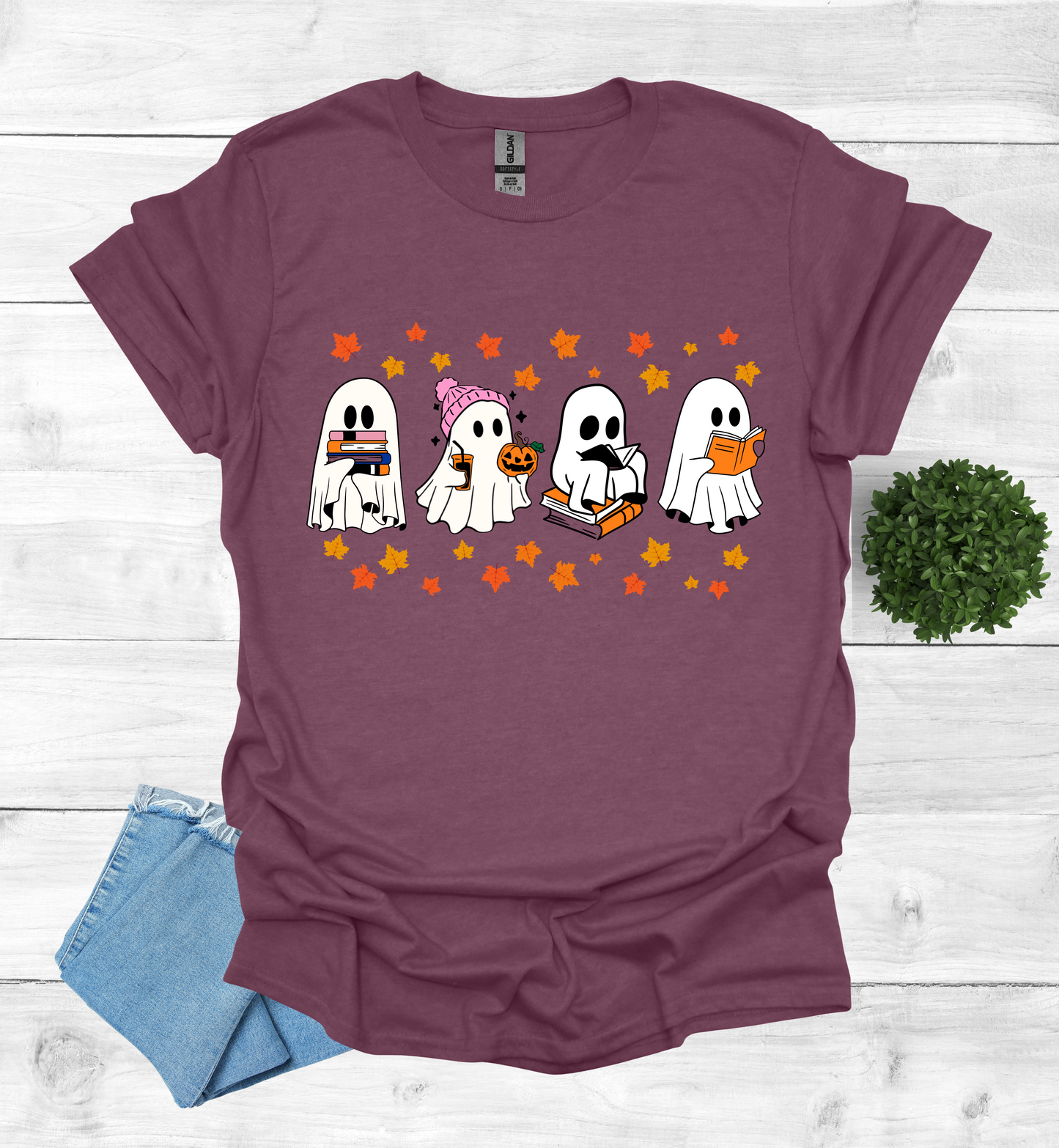 Ghost Reading Books and Falling Leaves Shirt