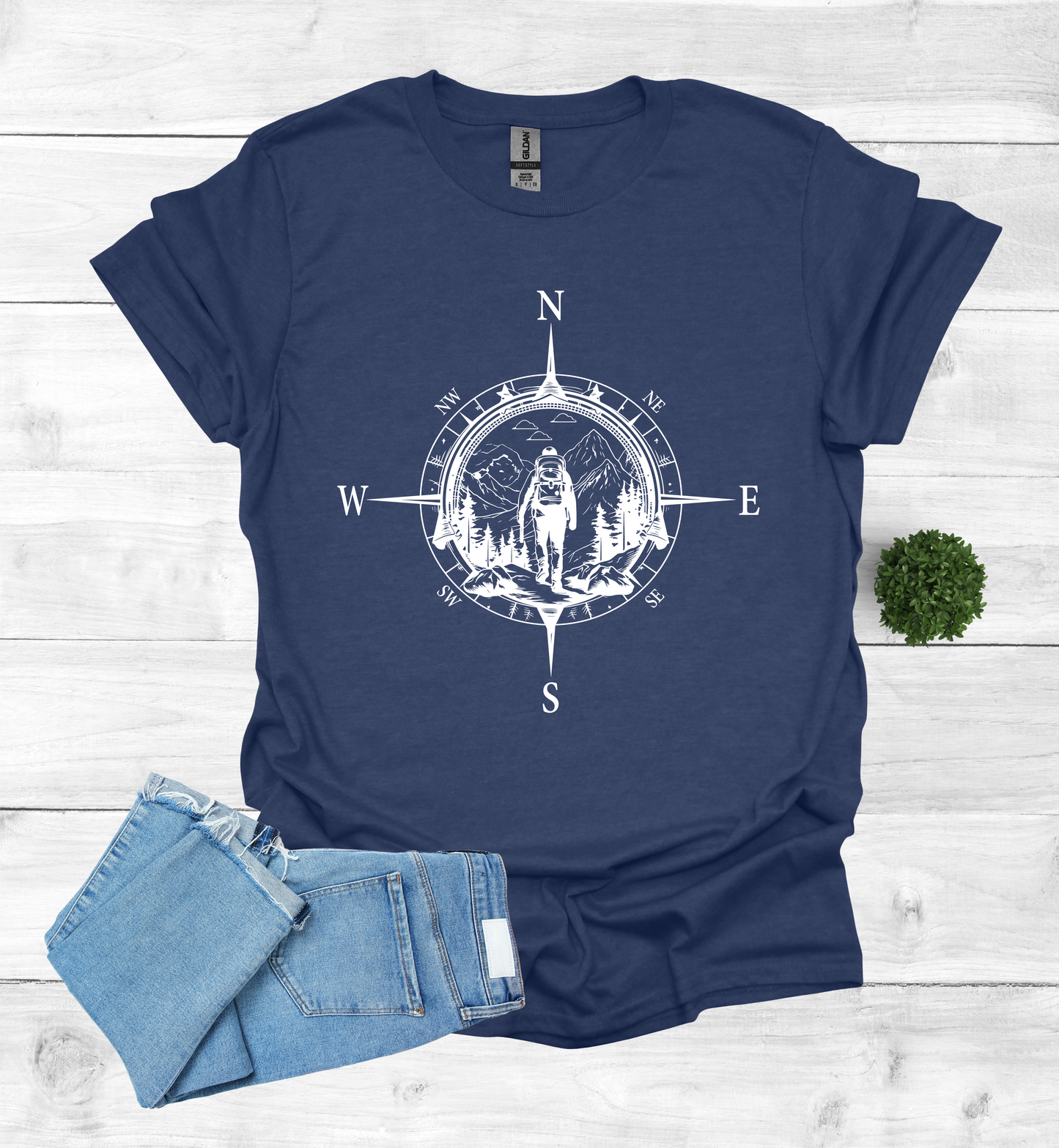 Hiker walking in wilderness compass scene