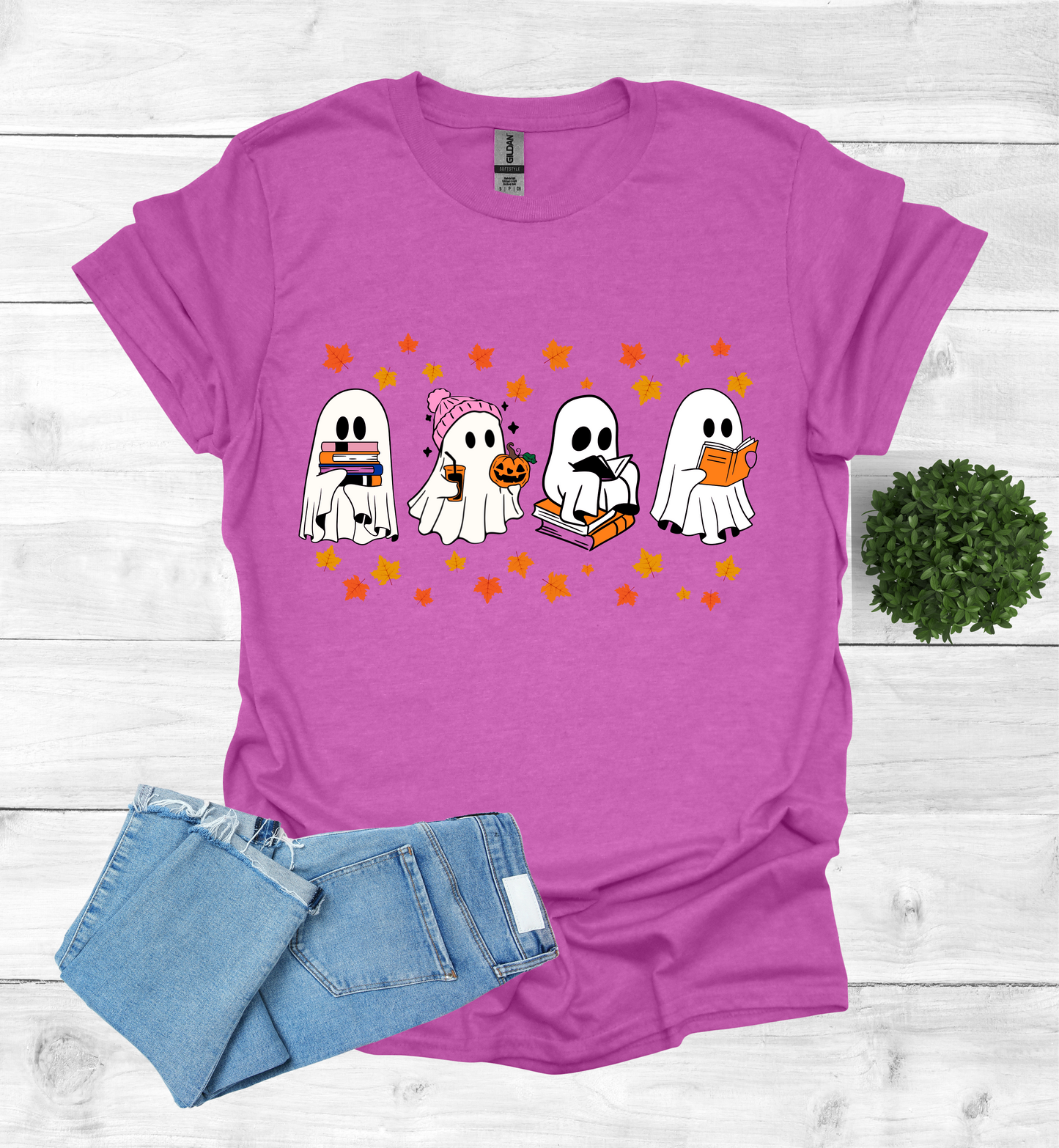 Ghost Reading Books and Falling Leaves Shirt