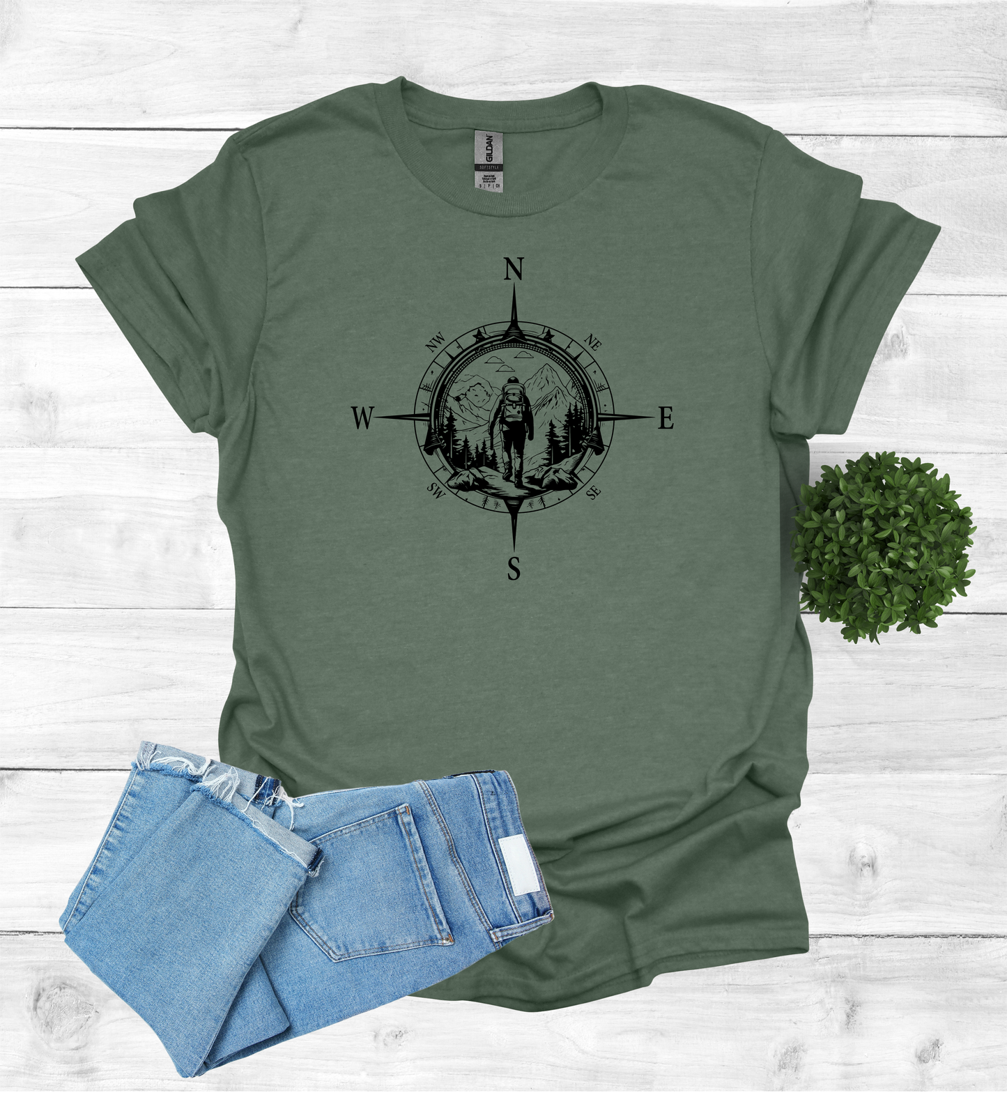 Hiker walking in wilderness with a compass scene