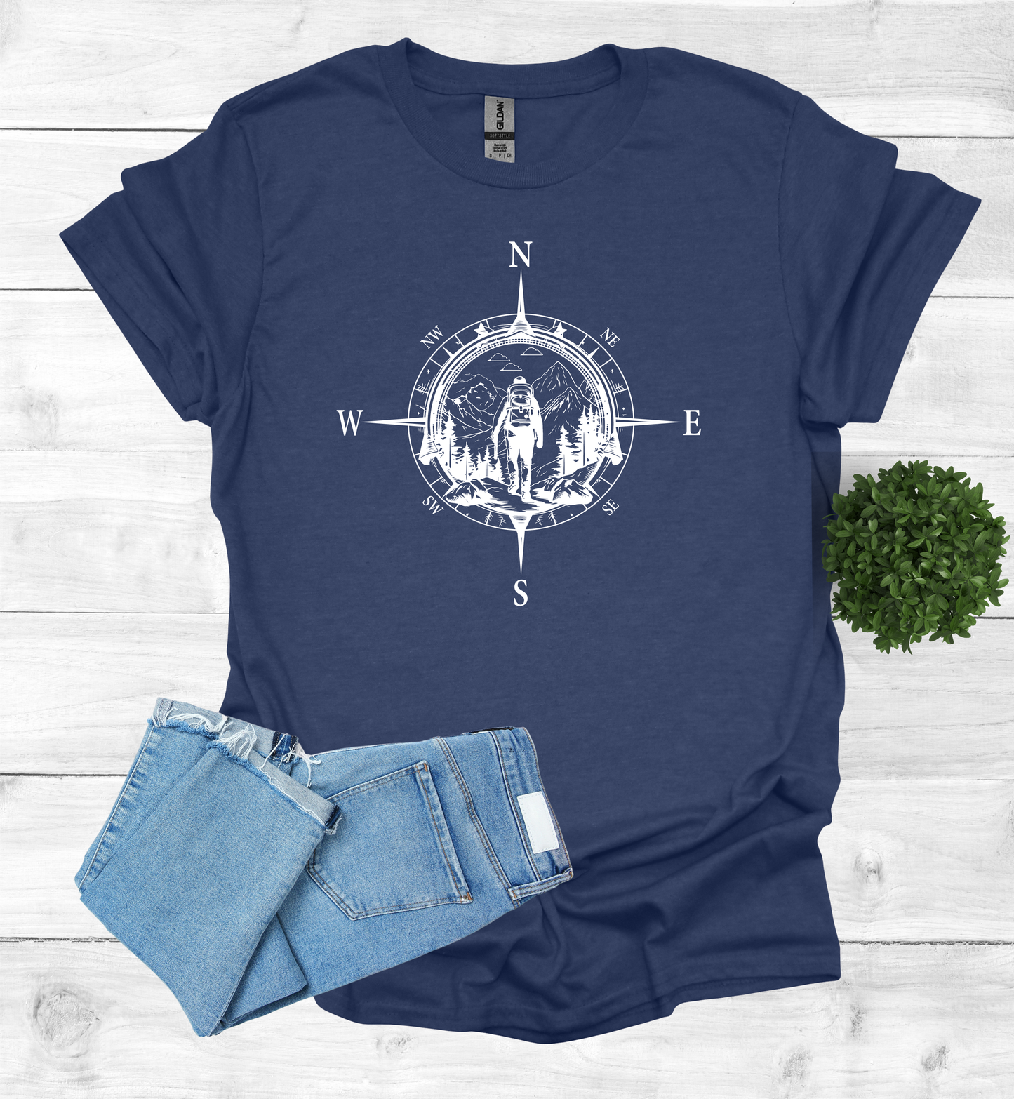 Hiker walking in wilderness with a compass scene