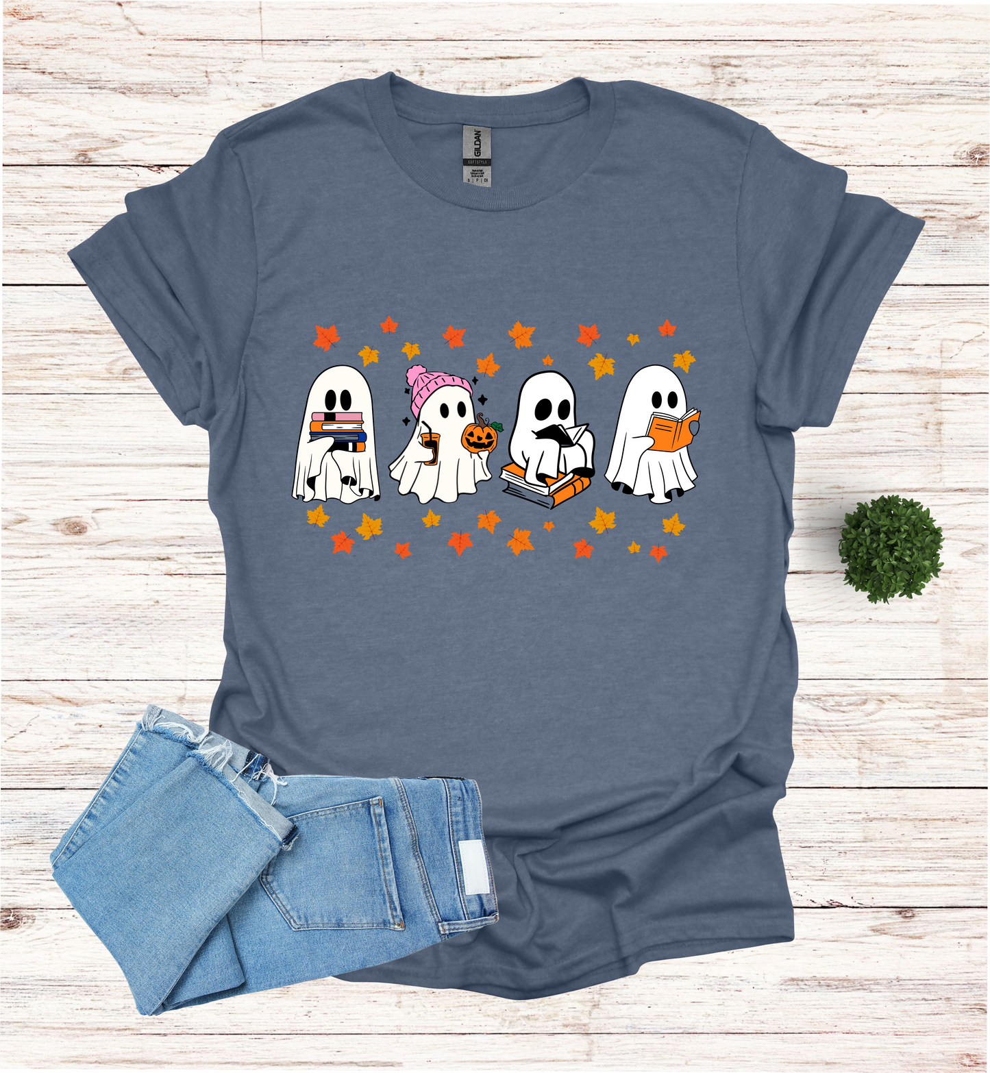 Ghost Reading Books and Falling Leaves Shirt