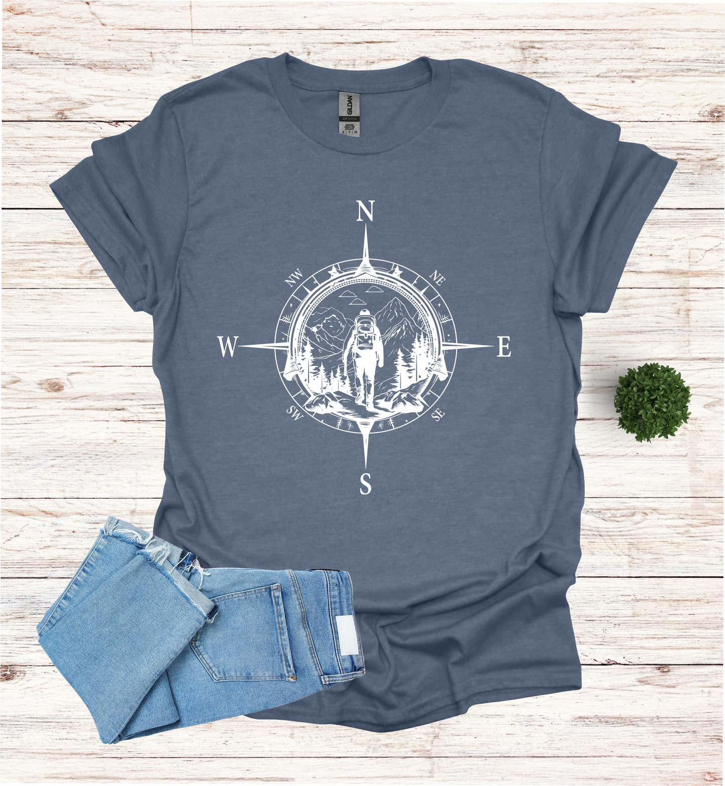Hiker walking in wilderness with a compass scene