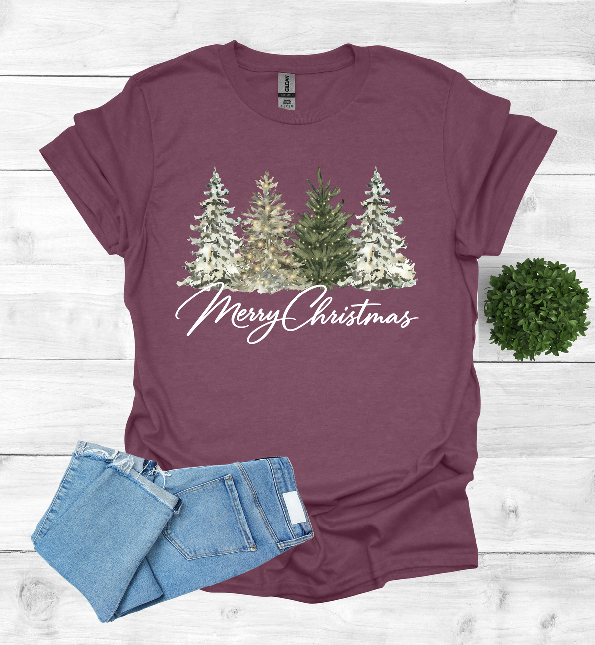 Merry Christmas with Water Color Christmas Trees T-Shirt