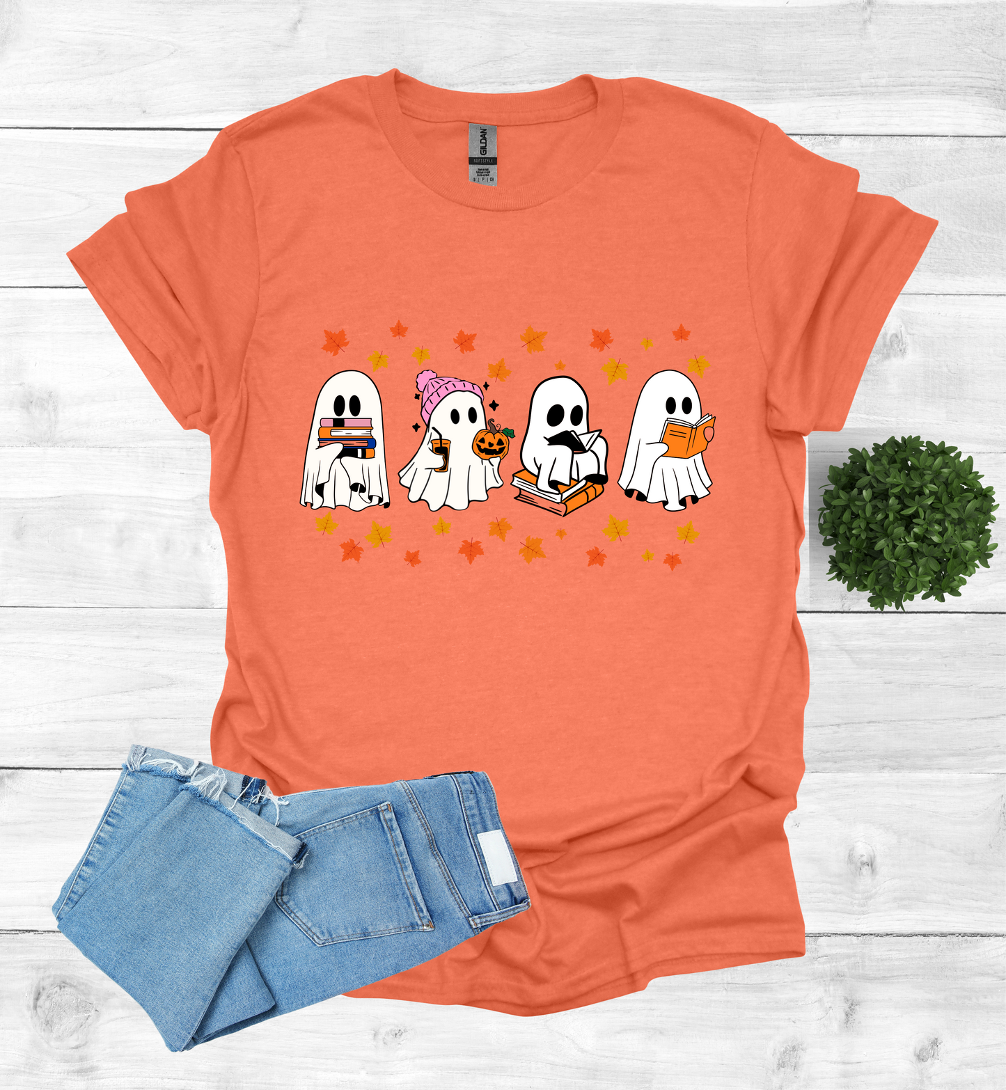 Ghost Reading Books and Falling Leaves Shirt
