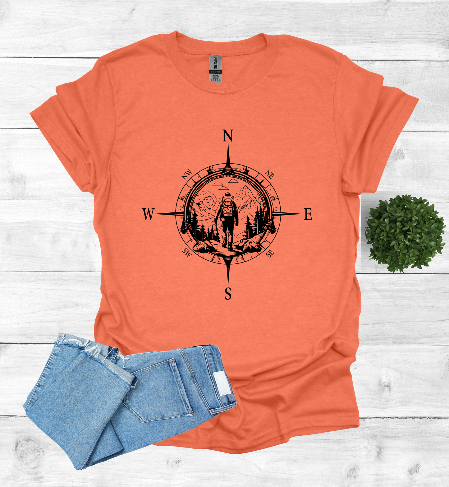 Hiker walking in wilderness compass scene
