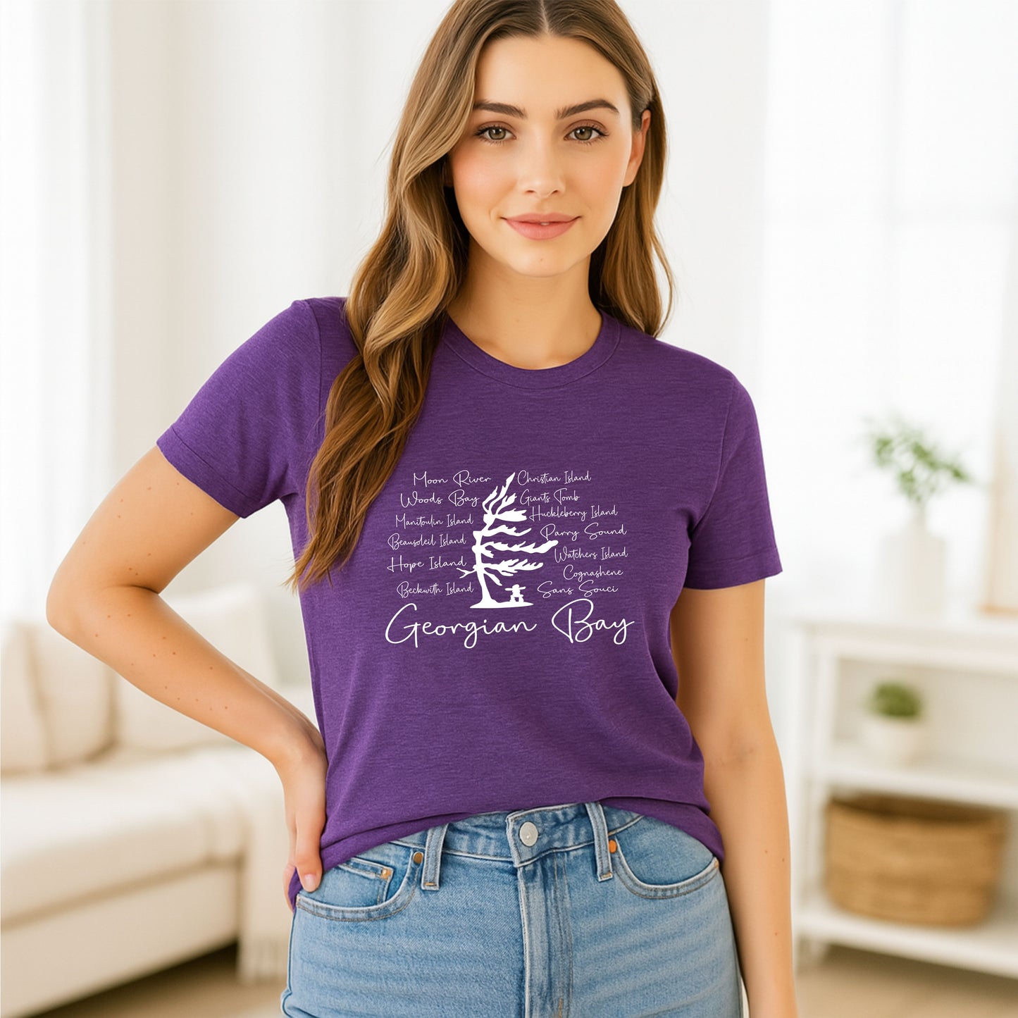 Georgian Bay with wind swept pine tree with Island and Bay names