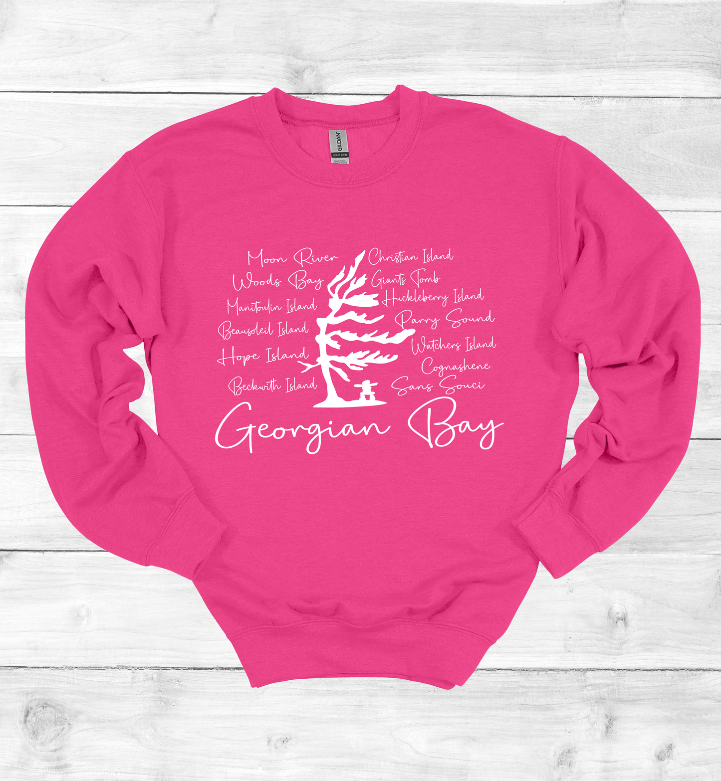 Georgian Bay Wind Swept Pine Tree with Island names Sweatshirt