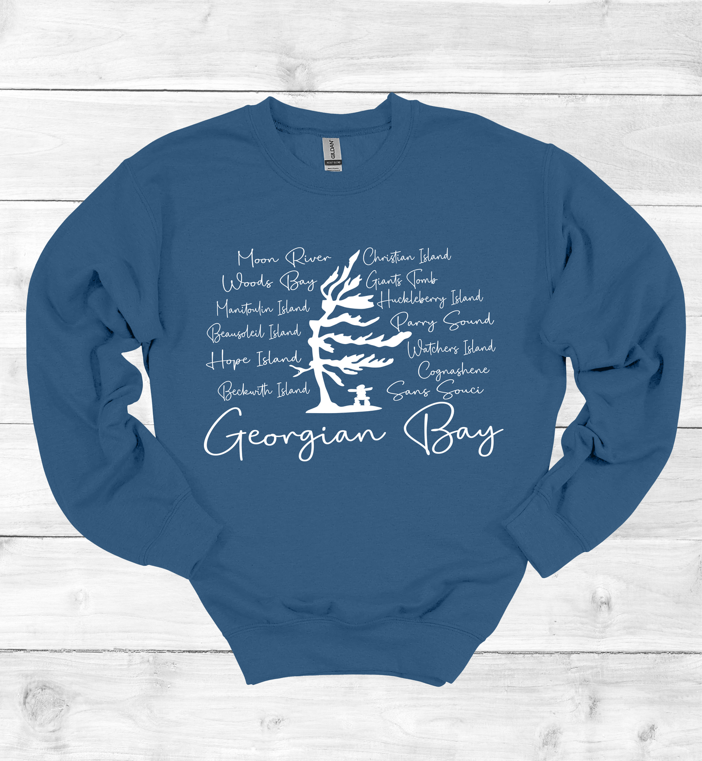 Georgian Bay Wind Swept Pine Tree with Island names Sweatshirt