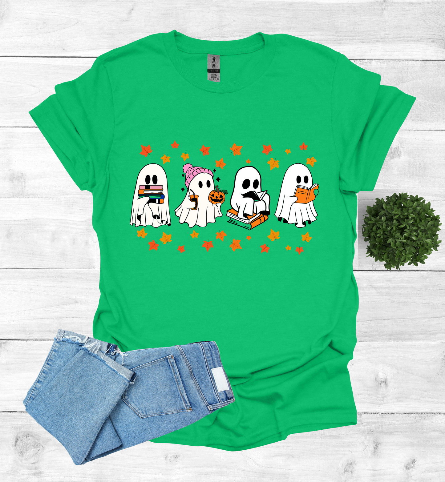 Ghost Reading Books and Falling Leaves Shirt