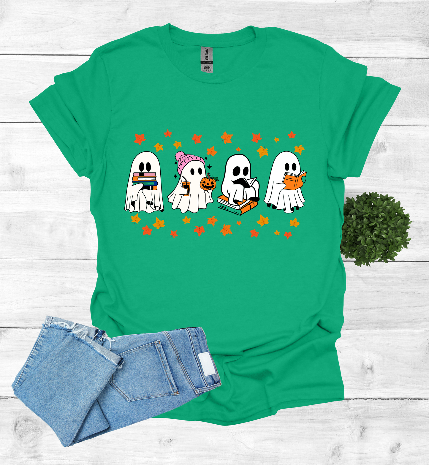Ghost Reading Books and Falling Leaves Shirt