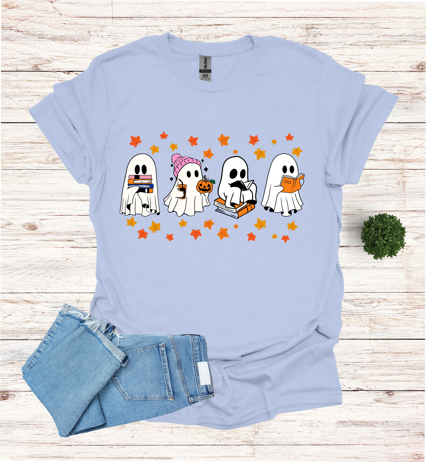Ghost Reading Books and Falling Leaves Shirt
