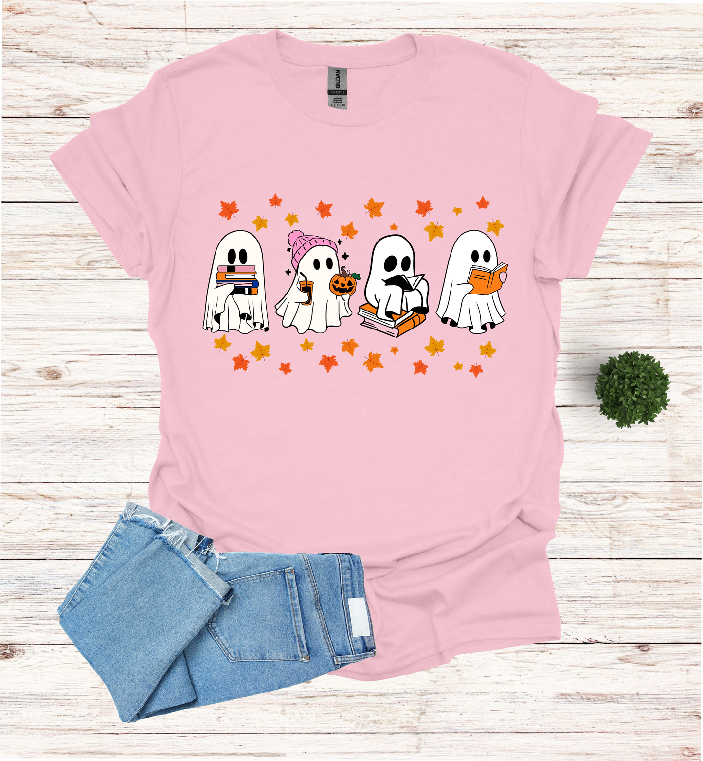 Ghost Reading Books and Falling Leaves Shirt