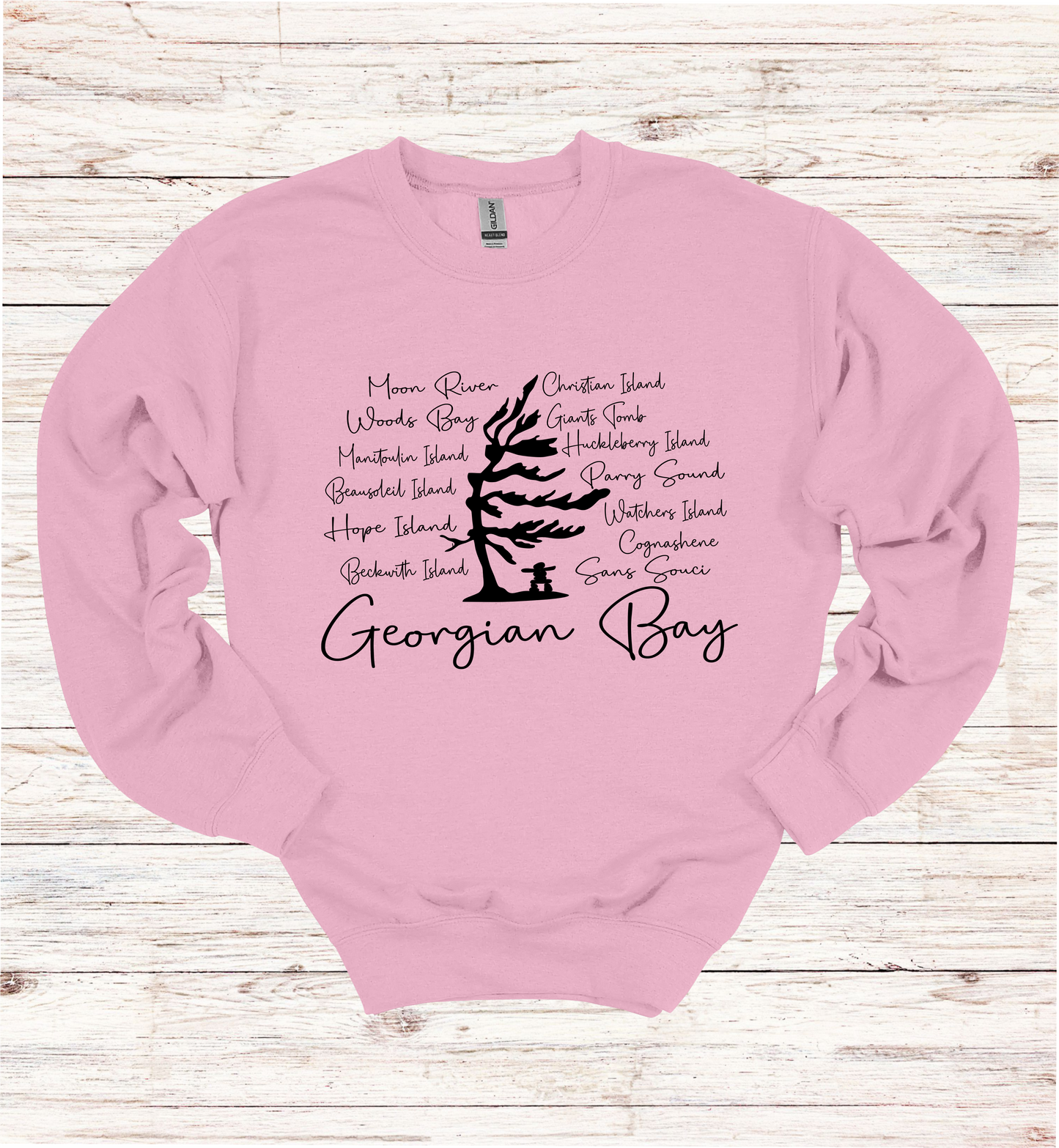 Georgian Bay Wind Swept Pine Tree with Island names Sweatshirt